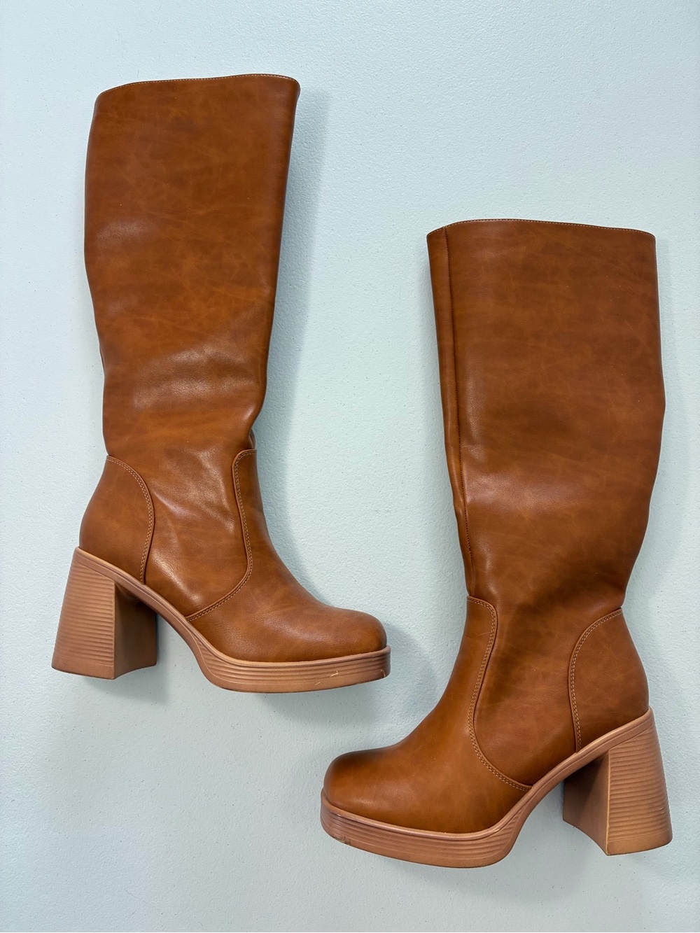 SHEIN Cognac Knee-High Tall Platform Block Heel Square Toe Boots EU 39/US 8.5-9